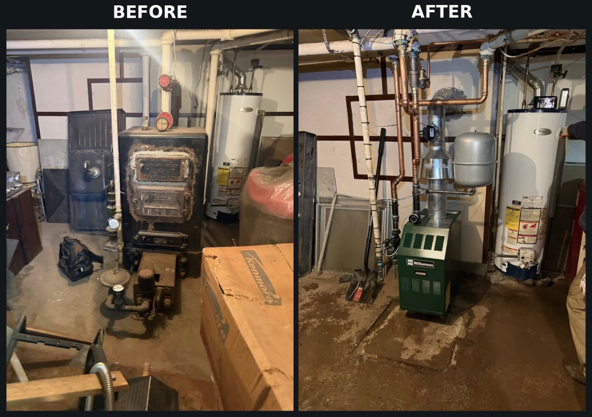 Boiler replacement before and after — an old boiler replaced with a new Williamson boiler and copper piping